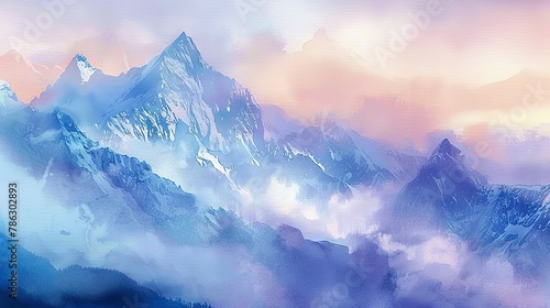 Watercolor twilight on Mount Everest, soft pastel sky, tranquil mood 