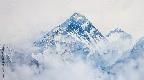 Early morning watercolor, Everest summit peering through mist, serene 