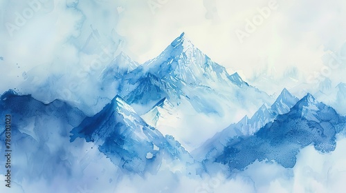 Early morning watercolor, Everest summit peering through mist, serene