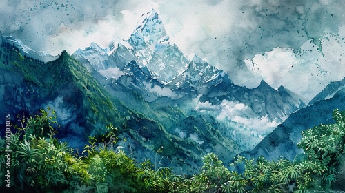 Watercolor of Everest during the monsoon, rain clouds, lush green foreground 