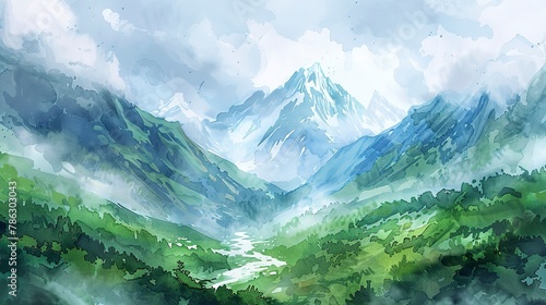 Watercolor of Everest during the monsoon, rain clouds, lush green foreground