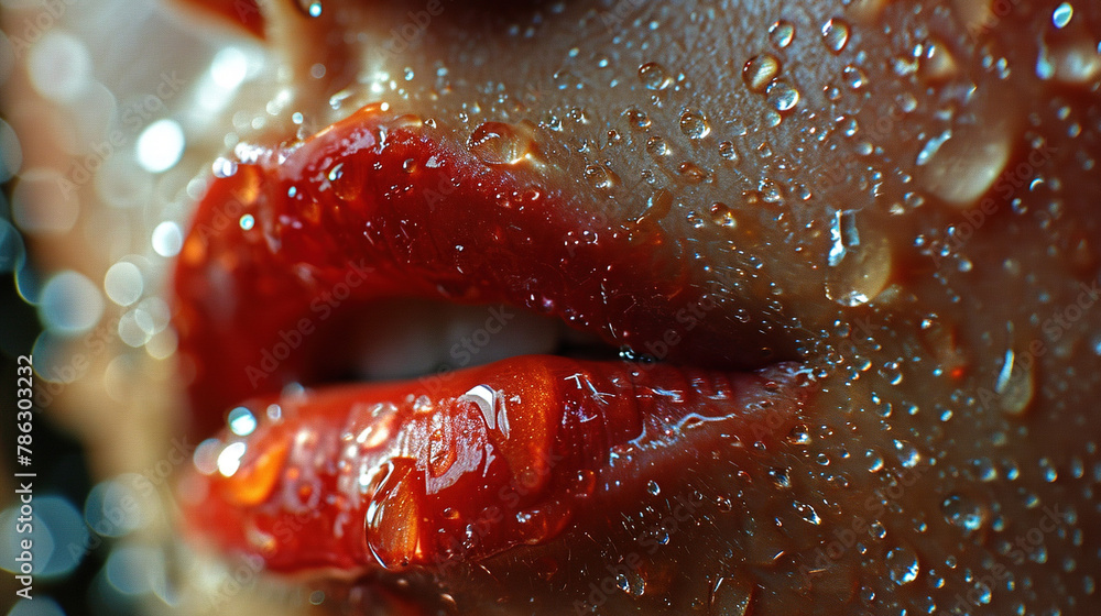 Very Close Up View of Beautiful Woman Wet Lips With Red Glossy Lipstick Selective Focus Very Close Up View of Beautiful Woman Wet Lips With Red Glossy Lipstick Selective Focus