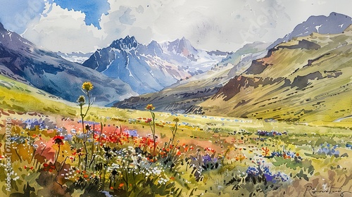 Watercolor of a high Andes pass, wildflowers in bloom, bright day