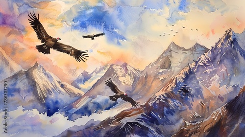 Andes mountains with condors soaring, watercolor, dynamic sky, midday