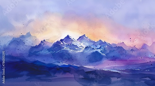 Watercolor of snow-capped Andes, alpenglow effect, serene evening 
