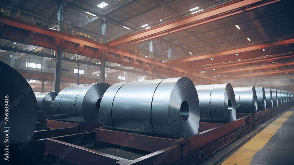 Fototapeta premium Steel Rolls in Industrial Production, Highlighting Strength & Innovation