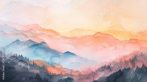 Watercolor dawn in the Alps, pink and orange sky, serene mountain vista  #786303486