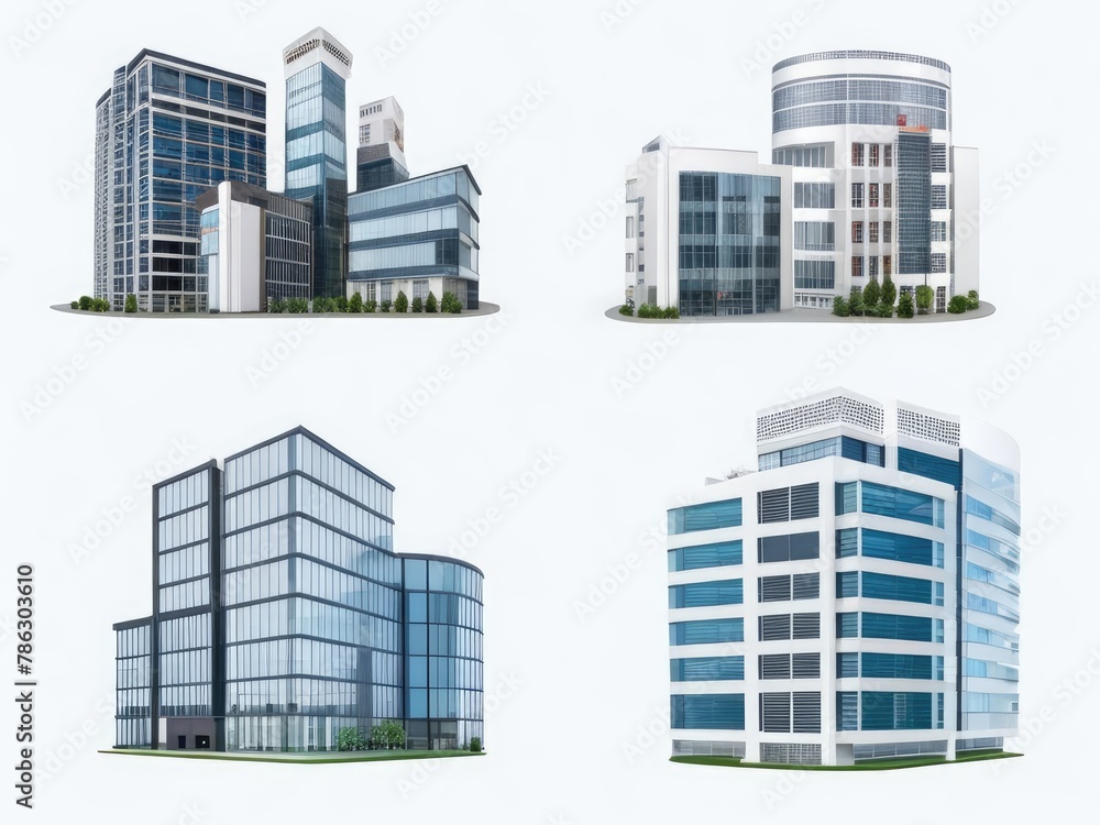 Different styles of modern buildings isolated on white background, high rise buildings. Different styles of modern buildings isolated on white background, high rise buildings.