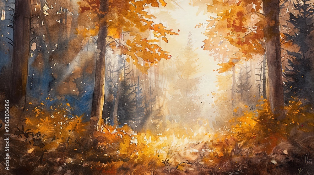 Watercolor, Alpine forest in autumn, golden leaves, soft sunlight filtering through