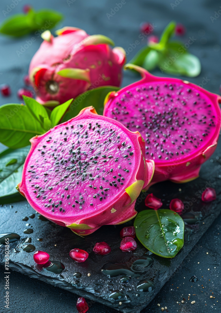 Fresh Pitaya, dragon fruit isolated on dark background. Room for copy space. Fresh Pitaya, dragon fruit isolated on dark background. Room for copy space.