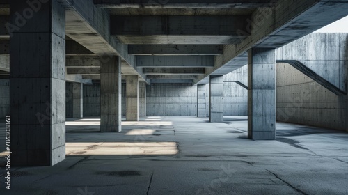 Concrete architecture with car park, empty cement floor.
