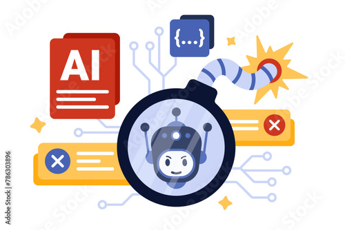 Ethics problem, risk and danger using AI. Bomb with burning fuse and robot face inside ball, threat to privacy protection, fraud and bias smart algorithms from bot cartoon vector illustration