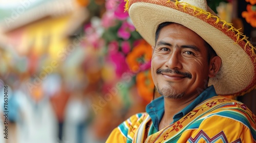 Smiling Man in Traditional Mexican Attire with Vibrant Background