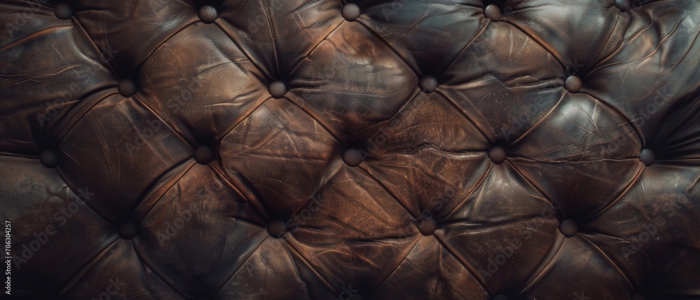 Naklejka premium Abstract dark brown retro vintage sofa leather textile fabric texture background - Upholstered velours velvet furniture classic style of stiching rhombus with button, diamond