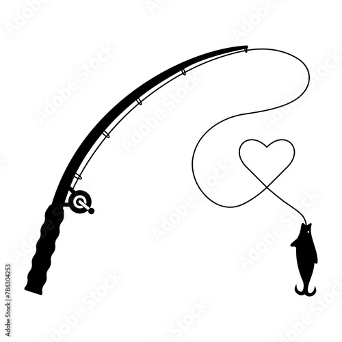 Fishing Rod, Love Fishing, Heart, Hand Drawn Vector Illustration