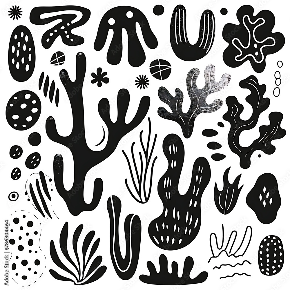 Set of organic shape doodles in a simple, minimalist vector style, featuring solid black colors, isolated on a white background.
