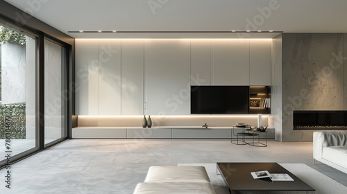 A minimalist modern cabinet with clean lines and hidden hinges creating a seamless look for contemporary interiors.