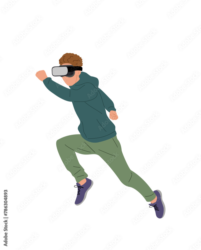 Young man in virtual reality headset running side view. Guy in casual clothes wearing digital glasses travel in metaverse. Modern technologies. Flat Vector illustration on transparent background.