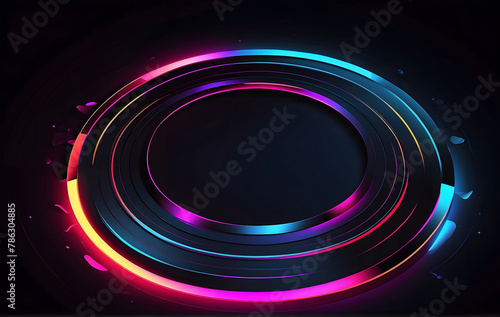 Abstract black circle with vibrant neon light tech background. A sleek vector design for corporate use