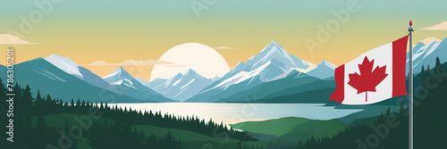 Canada Day. the flag of Canada. people are holding the flag of Canada. the nature of Canada. illustration. nature. mountains