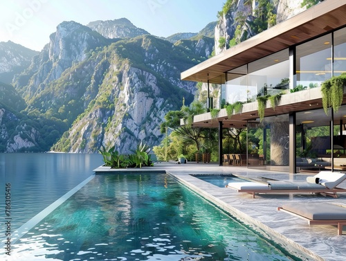 House with pool by lake mountains, a serene natural landscape © Jahid
