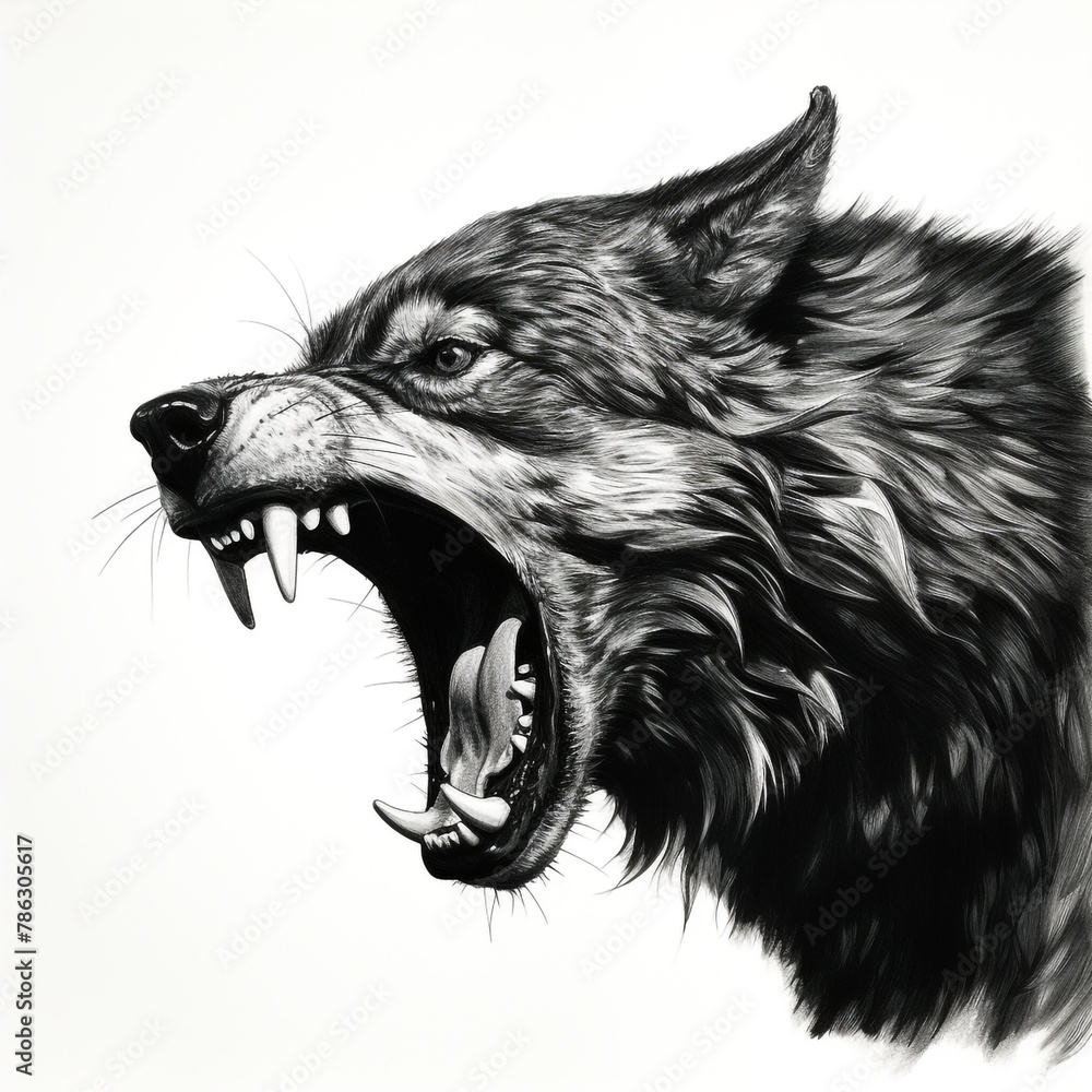 Fototapeta premium black and white wolf, mouth open snarling, contrast, white background сreated with Generative Ai