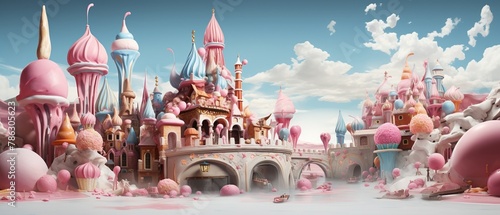 A city where the buildings are constructed from frozen desserts, melting and rebuilding photo