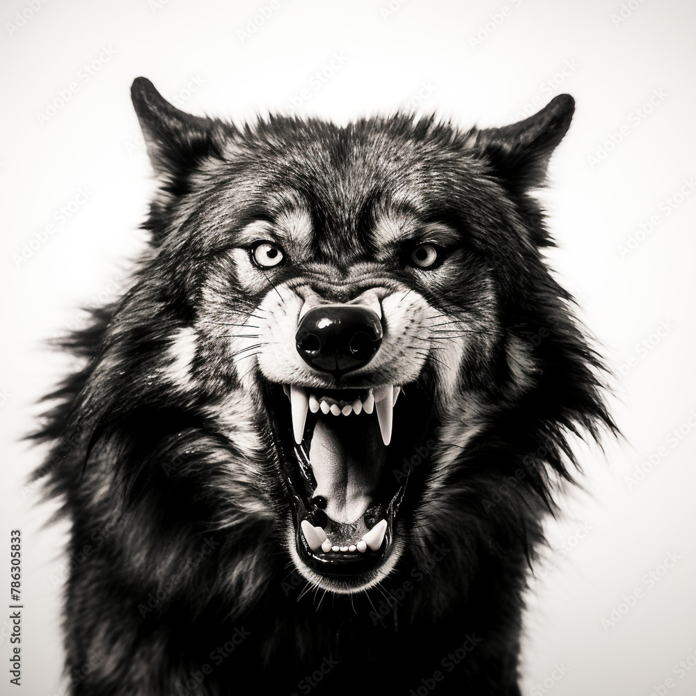 black and white wolf, mouth open snarling, contrast, white background сreated with Generative Ai black and white wolf, mouth open snarling, contrast, white background сreated with Generative Ai