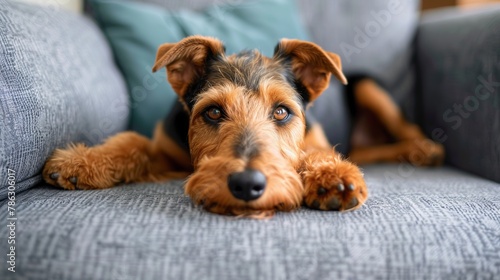 airedale terrier dog is lying on a cozy sofa in a modern living room photo
