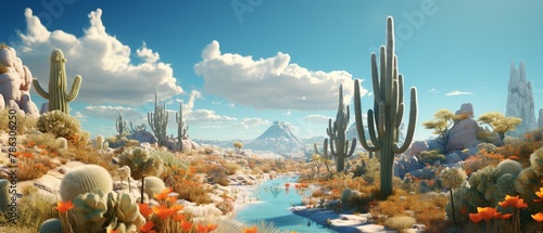 A desert landscape with cactus shaped like towering ice cream cones, under a scorching sun photo