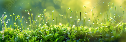 moss and grass macro photography with dew drops photorealistic