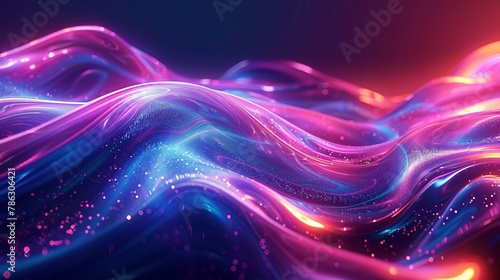 A fluid, holographic, iridescent neon curved wave in motion on a dark background. Perfect for banners, backgrounds, wallpaper, and covers.