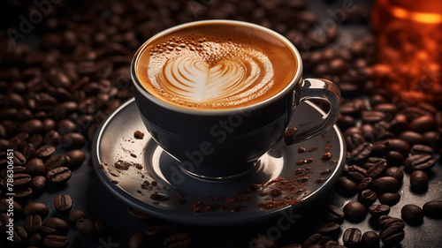 hot coffee with latte art on dark coffee beans background