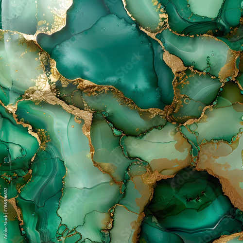 alcohol ink background emerald green and metallic gold nature pattern.