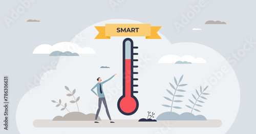 SMART goals with specific, measurable, achievable, relevant and time bound task objectives tiny person concept. Successful, effective and productive defined progress monitoring vector illustration.