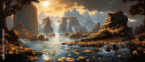 A majestic waterfall where the water cascades over cliffs of gold, into a pool of sparkling coins photo