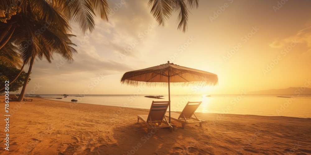 Beautiful sunset beach, sun lounger and umbrella on a sandy beach by the sea - obrazy, fototapety, plakaty 