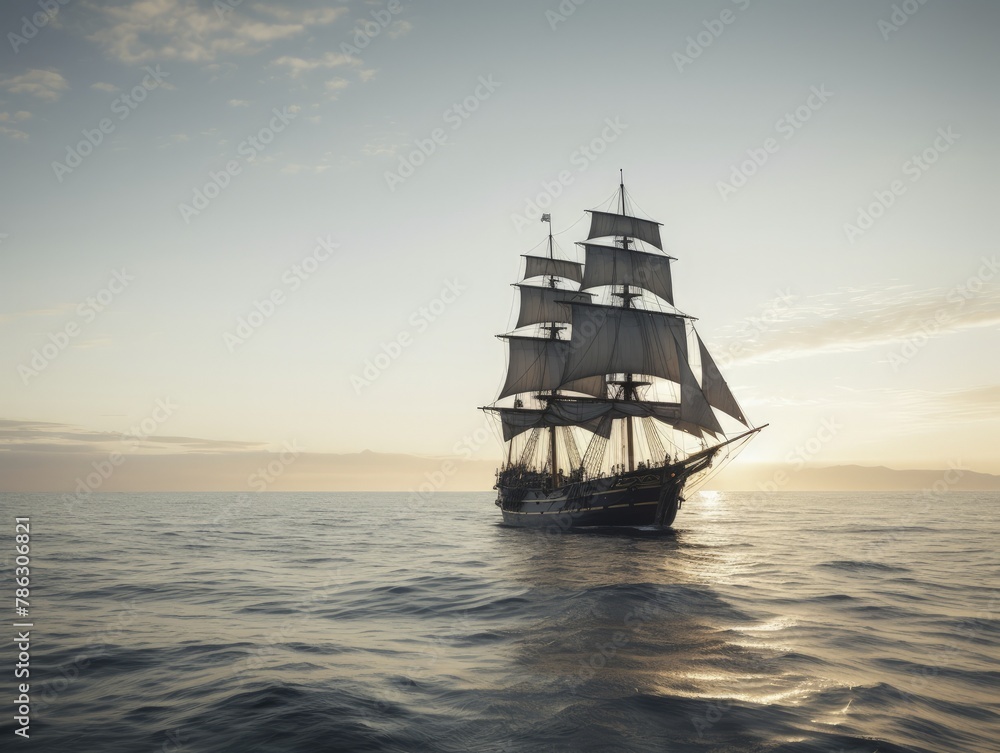 Sailing ship on a sea cruise. Sunset. Travel.