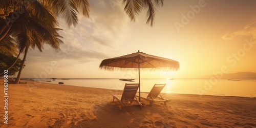 Beautiful sunset beach, sun lounger and umbrella on a sandy beach by the sea © Kosvintseva