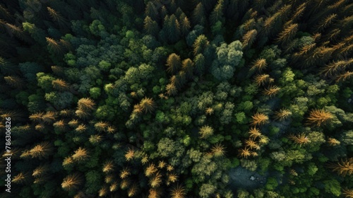 Aerial photography forest. Summer warm sun light forest aerial view. photo