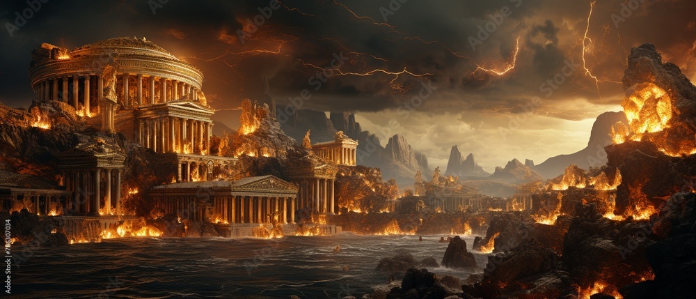 An ancient Greek setting where gods made of gold clash with titanic monsters over the fate of mythical treasures, with copy space - obrazy, fototapety, plakaty 