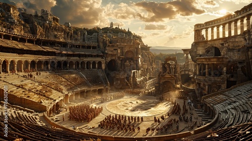 An ancient Greek arena where gladiators fight for treasure chests filled with gold and silver photo