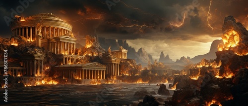 An ancient Greek setting where gods made of gold clash with titanic monsters over the fate of mythical treasures, with copy space photo