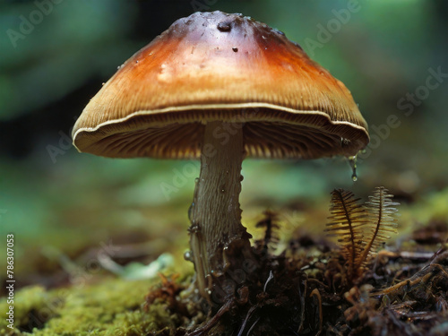 Macro shot of two mushrooms in the autumn forest with raindrops