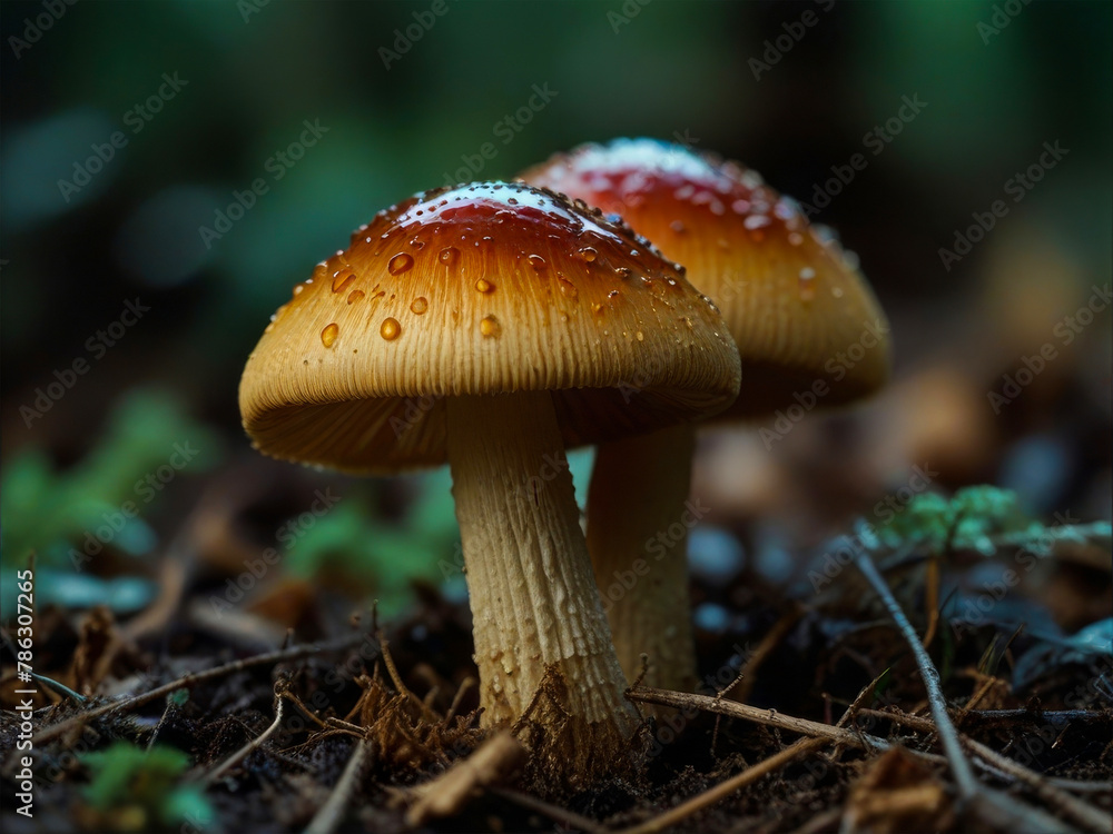 Macro shot of two mushrooms in the autumn forest with raindrops Macro shot of two mushrooms in the autumn forest with raindrops