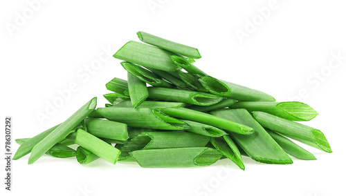 Pile of chopped fresh green onions isolated on a white background. Chopped spring onion or scallion.