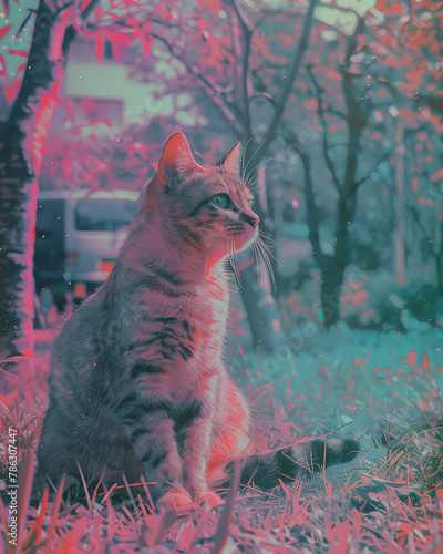 Glitched Feline Serenity Japanese Cat in Neo-Academism Style photo
