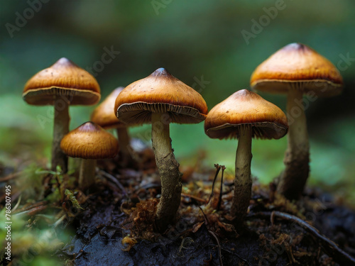 Macro shot of two mushrooms in the autumn forest with raindrops