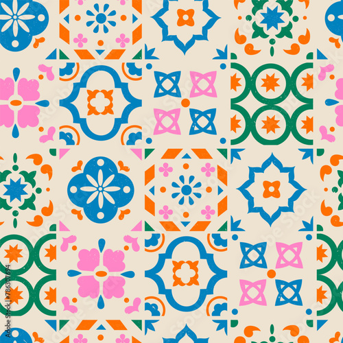 Various square Tiles. Different colorful ornaments. Traditional mediterranean style. Hand drawn Vector illustration. Ceramic tiles. Grunge texture. Square seamless Pattern, background, wallpaper © Dariia