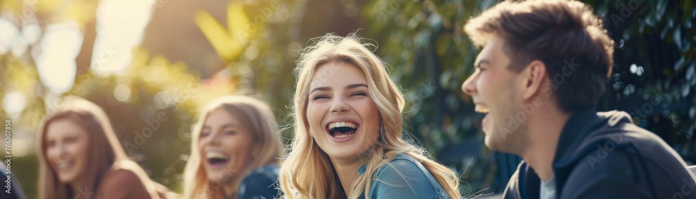 A group of young people, seated closely together on a bench outdoors, share moments of laughter and conversation. A group of young people, seated closely together on a bench outdoors, share moments of laughter and conversation.